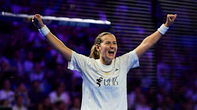 Ariana Sánchez Fallada celebrates with raised arms during the Premier Padel P1 Milano final in Milano, Italy, on 18 October 2026