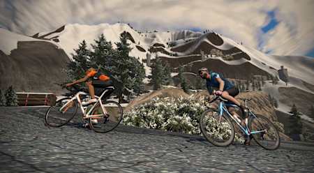 Two riders climbing Alpe d'Zwift