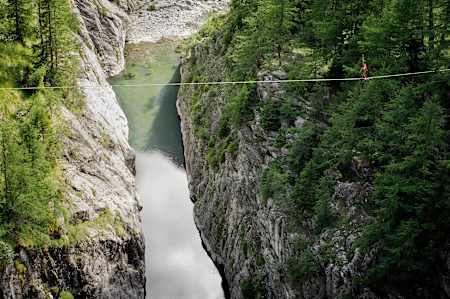 James Clulow walking on a highline in Mauvoisin, Switzerland in June 2011, shot on a drone camera