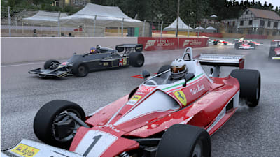 Screenshot aus Forza Motorsport zeigt ein Rennen der Formel-1-Fahrzeuge der 1970er Jahre in Spa.