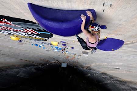 British climber Shauna Coxsey tests out the Red Bull Dual Ascent venue in Verzasca, Switzerland. 