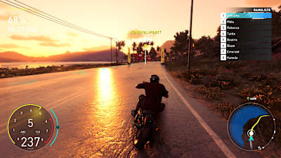 Screenshot from The Crew Motorfest shows a Harley Davidson in the sunset.