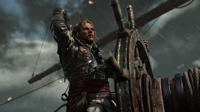 Edward Kenway al timón de un barco en Assassin's Creed Black Flag Resynced. 
