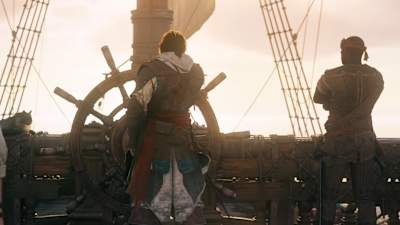 Edward Kenway à la barre d'un navire dans Assassin's Creed Black Flag Resynced.