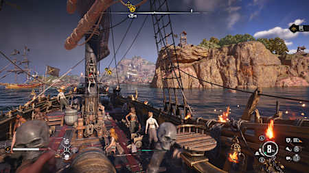 Screenshot aus Skull and Bones zeigt die Crew eines Piratenschiffs vor Saint-Anne.