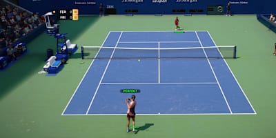 Captura de pantalla de TopSpin 2K25 muestra un partido con un tiro perfectamente sincronizado.
