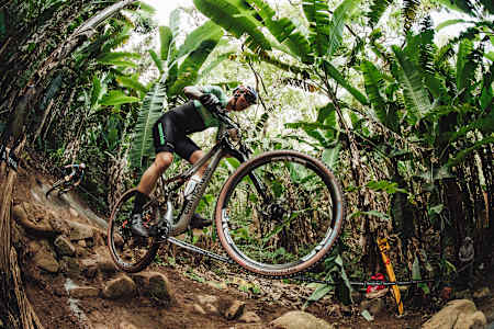 Simon Andreassen practices on the Petropolis course at the 2022 UCI MTB World Cup round in Brazil.