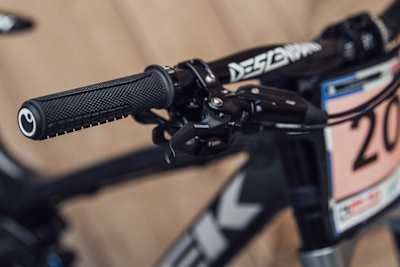 Grips and brake detail on the Trek Session of World Cup downhill racer Valentina Höll seen at the Leogang World Cup in Austria on June 10, 2021.