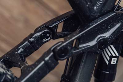 Minolink detail on The Trek Session of World Cup downhill racer Valentina Höll seen at the Leogang World Cup in Austria on June 10, 2021.