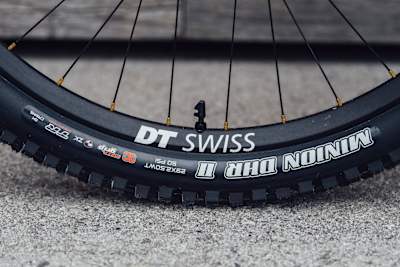 DT Swiss rims and Maxxis tyres on the Trek Session of World Cup downhill racer Valentina Höll seen at the Leogang World Cup in Austria on June 10, 2021.