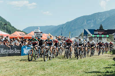 Women's XCO start at the 2022 Val di Sole UCI XCO MTB World Cup.