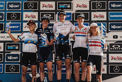 Women's Overall Podium at the 2022 Val di Sole UCI XCO MTB World Cup.