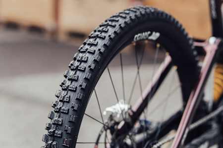 Close up of the tyre details on Loïc Bruni's Specialized Demo bike.