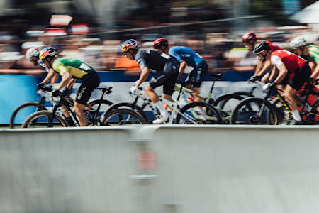 Men's XCO athlete race at the 2022 MTB World Championships in Les Gets, France.  
