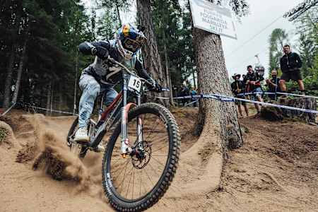 Loic Bruni racing during World Cup practice at Val di Sole in 2022.