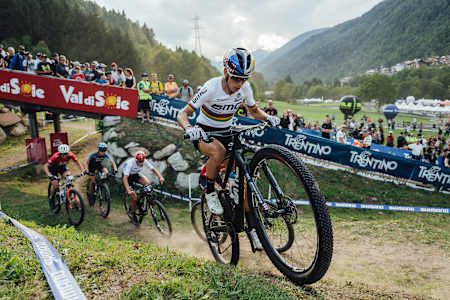 Pauline Ferrand-Prévot in action at the XCC race at the 2022 Val di Sole UCI MTB World Cup.