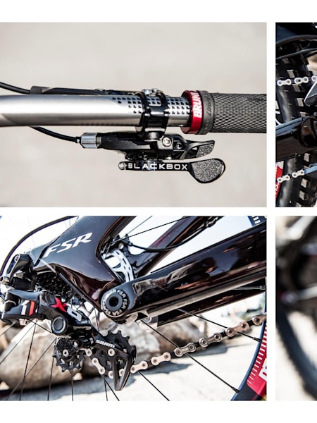A montage of the gears and drivetrain on Loic Bruni's Specialized Demo in Mont-Sainte-Anne on August 4, 2016