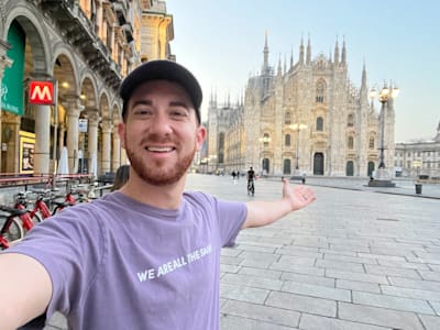Travel expert Drew Binsky at the Duomo di Milano in Italy.