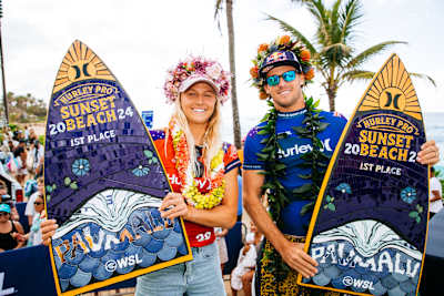 Molly Picklum and Jack Robinson after winning the Hurley Pro Sunset Beach