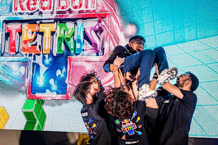 Leo Solórzano celebrates after winning his Semi-Final match at the Red Bull Tetris® World Final in Dubai, UAE on December 12, 2025.