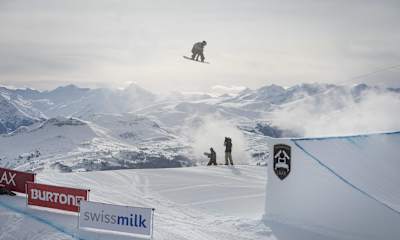 Stale Sandbech performs during the Burton European Open Slopestyle competition in Laax, Switzerland on January 31st, 2015 