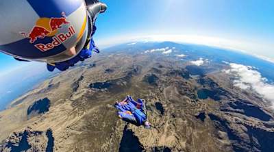 Wingsuit pilots Sebastián Álvarez and Dani Roman fly above Mount Kenya