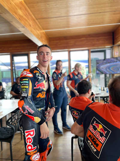 Pedro Acosta as seen with the crew of his racing team at the Spanish round of the MotoGP series in Jerez on April 29, 2023.