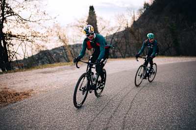 Anton Palzer is pictured during cycling training with one of his new team-mates.