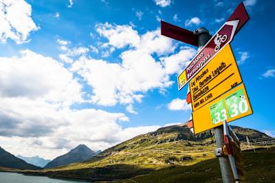 The Bernina Express descent waymarker in St Moritz, Switzerland.