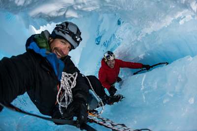Christian Pondella takes a selfie of himeself and Will Gadd in a moulin during his Gadd's trip to explore the Greenland ice cap in 2018.