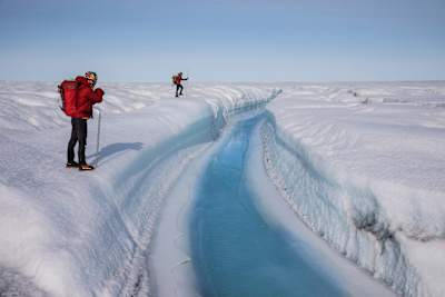 Will Gadd and the team search for a moulin during their trip to explore the Greenland ice cap in August 2018.