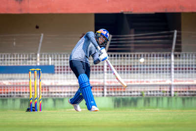 Indian women's cricket team opening batter Smriti Mandhana plays a shot.