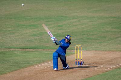 Indian women's cricket team opening batter Smriti Mandhana plays a shot.