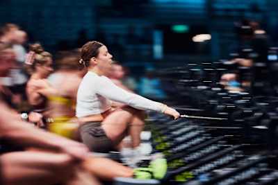 Laura Horváth in action on the rowing machine at the World Fitness Project Final in Copenhagen, Denmark on December 21, 2025.