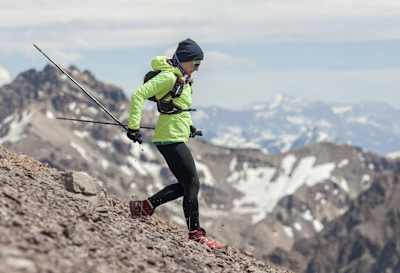 Fernanda Maciel running down Cerro Aconcagua in Mendoza, Argentina on January 22, 2016