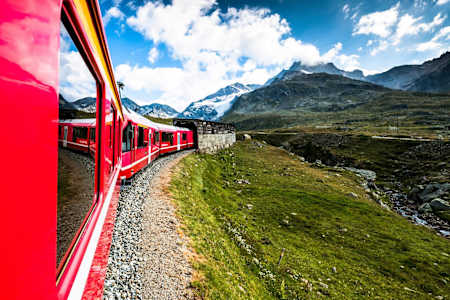 The Bernina Express train in St Moritz, Switzerland.