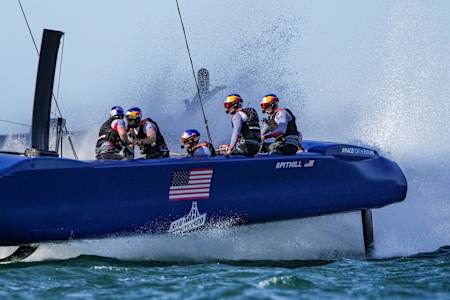 USA SailGP Team helmed by Jimmy Spithill in action on Race Day 2 at Spain SailGP, Event 6, Season 2 in Cádiz, Andalucia, Spain on October 10, 2021.
