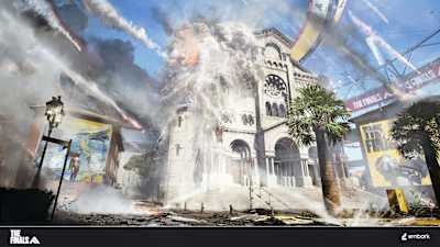 Las ilustraciones de The Finals muestran una iglesia del mapa de Mónaco destruida por una lluvia de meteoritos.