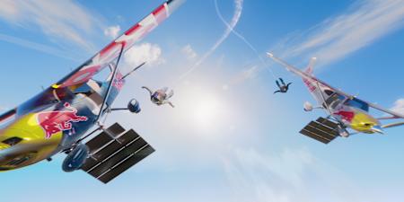 Impresión artística del proyecto Plane Swap cuando dos pilotos maniobran entre aviones en vuelo. 