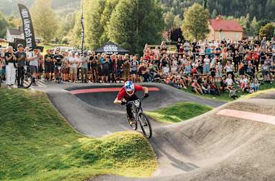 Martin Söderström performs at Red Bull Pumptrack World Championships qualifiers in Järvsö, Sweden on August 25, 2019.
