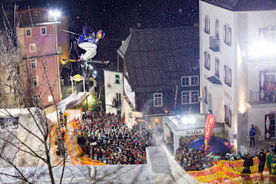 Freeskiing action from Red Bull Playstreets in Bad Gastein, Austria.