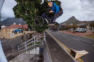 Murray Loubser using a DIY kicker ramp to ride BMX Street in Cape Town, South Africa.