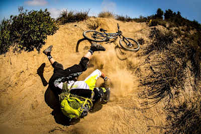 Mountain biker Lars Sternberg goes over the bars in Chile.