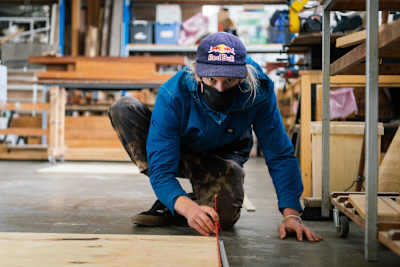 Murray Loubser helps in the build of a BMX kicker ramp.