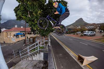 Murray Loubser using a DIY kicker ramp to ride BMX Street in Cape Town, South Africa.