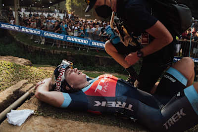 Evie Richards as seen recovering after finishing the XCC World Cup race in Petropolis, Brazil in 2022.