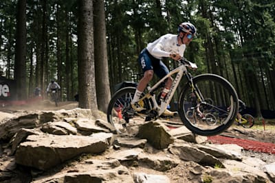 Tom Pidcock aboard his prototype Pinarello Dogma XC race bike pictured at the UCI Mountain Bike World cup in Nové Město na Moravě, Czech Republic.
