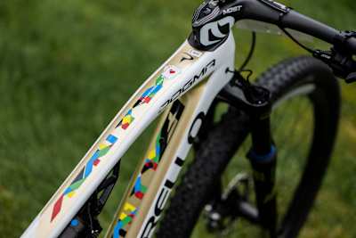 Paint on Tom Pidcock's prototype Pinarello Dogma XC race bike pictured at the UCI Mountain Bike World cup in Nové Město na Moravě, Czech Republic.