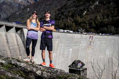 Petra Klingler and Louna Ladevant at the Verzasca Dam during the Red Bull Dual Ascent in Verzasca, Switzerland on October 29, 2024. 