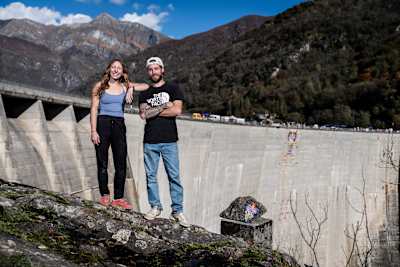 Michaela Kirsch of America and Felipe Camargo of Brazil at the Verzasca Dam during the Red Bull Dual Ascent on October 29, 2024.